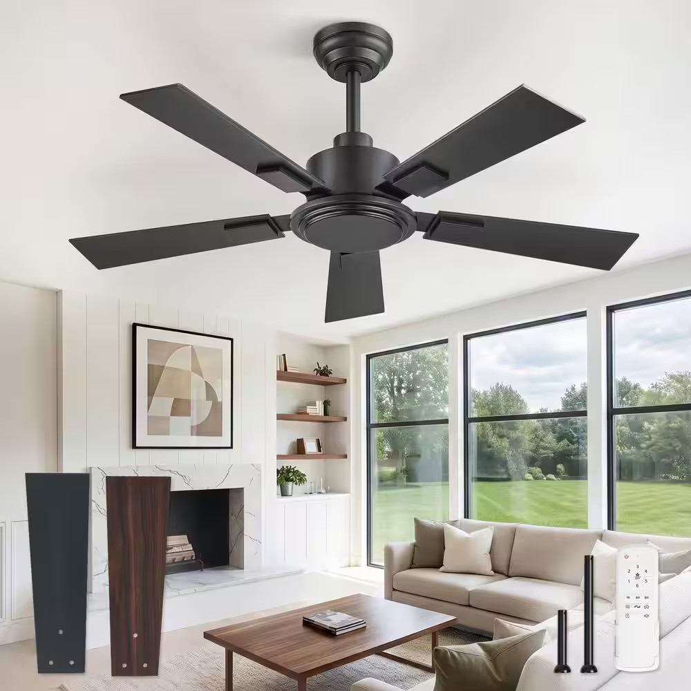42 In. Black Angled Mount Downrod Mount Ceiling Fan, Low Profile, without Lig...