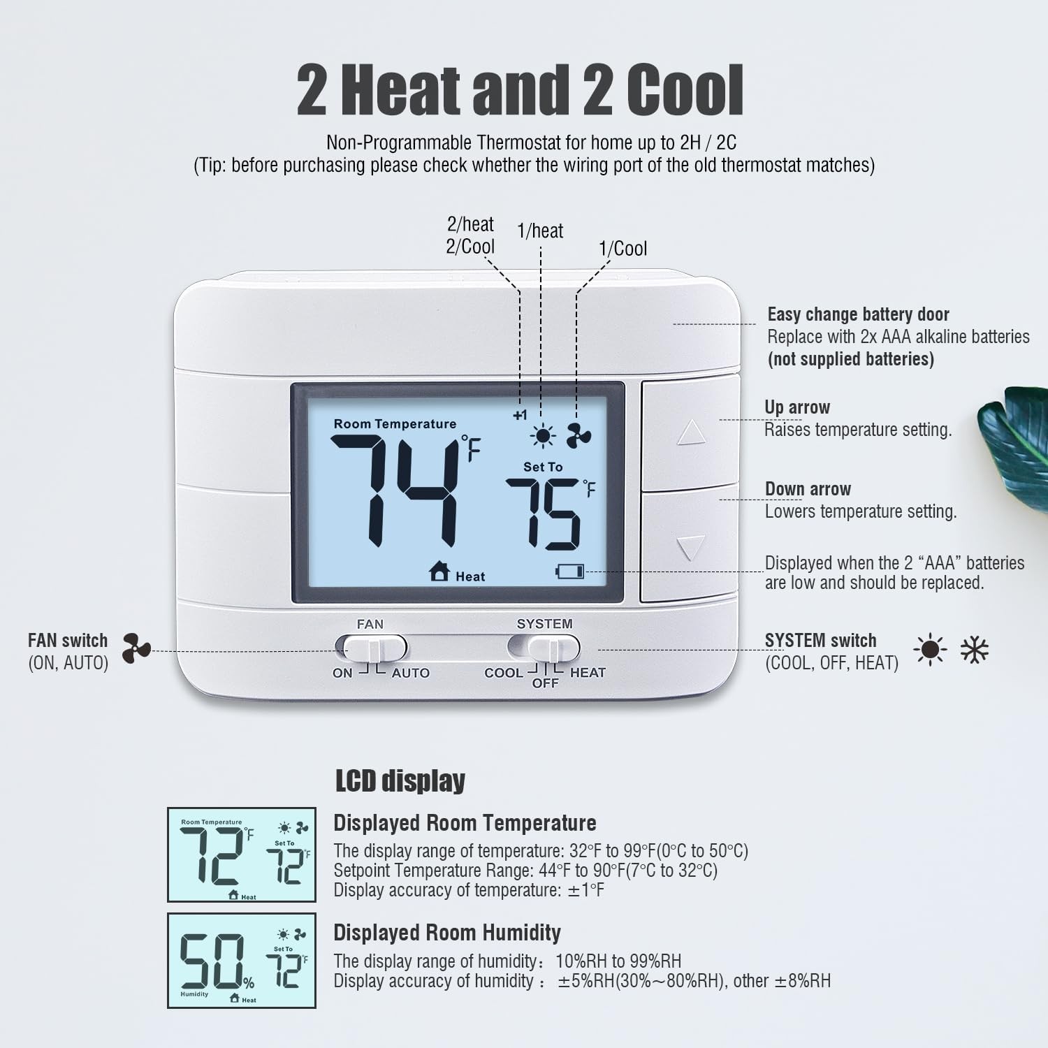 Non Programmable Thermostat for Home 2 Heat 2 Cool Multistage System, White