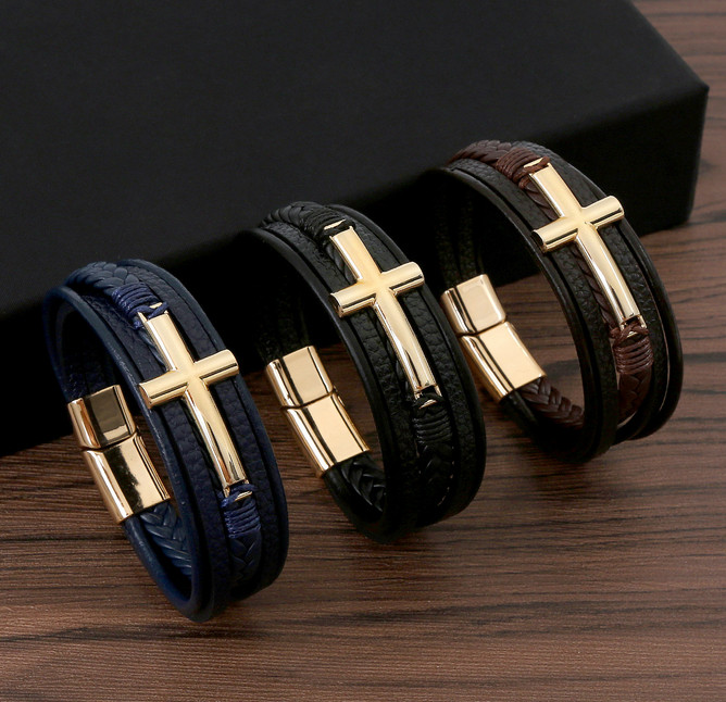 Leather hand woven bracelets,  Cross Men's Bracelets, jewelry, accessories