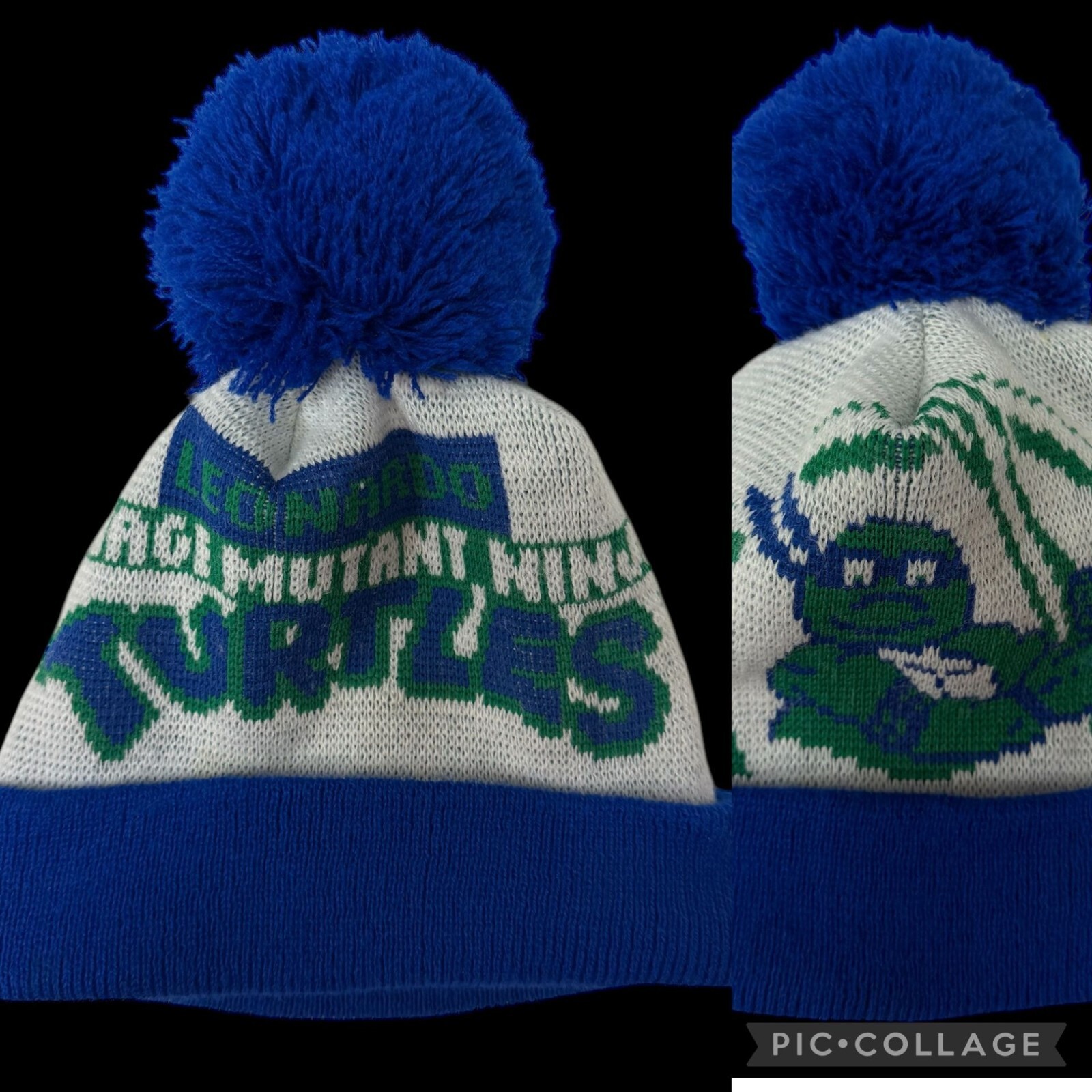 Vtg 90's USA made LEONARDO Teenage Mutant Ninja TURTLES Pom Toboggan Beanie Hat