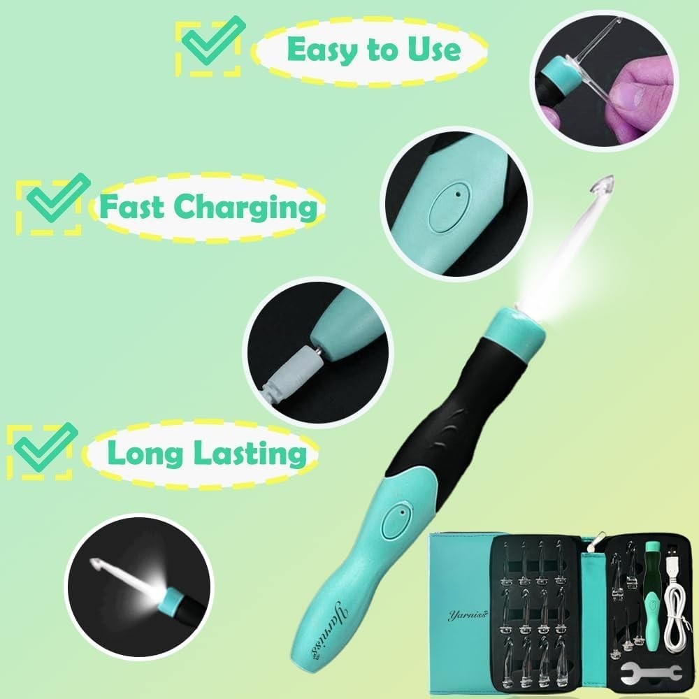 Compact Light-Up Crochet Hook Set: 17 Sizes (2.5mm-14mm) for Easy Crafting