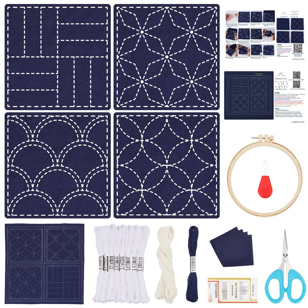 FREEBLOSS 4 Set Sashiko Coasters DIY Kit with Instructions Pre- Multicolor