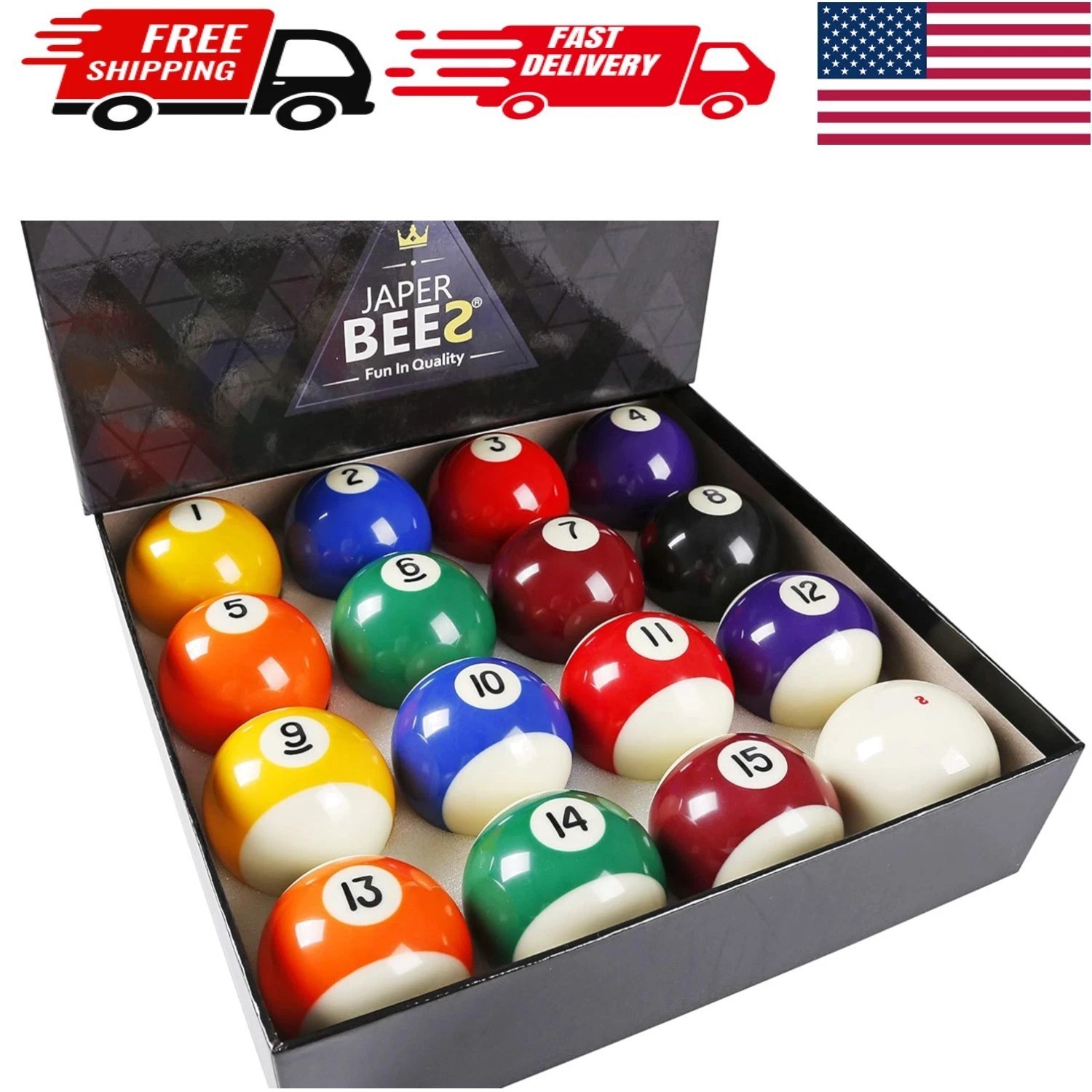 Deluxe Resin Billiard Balls Set - 16 Multicolor Regulation Pool Balls 2.25"