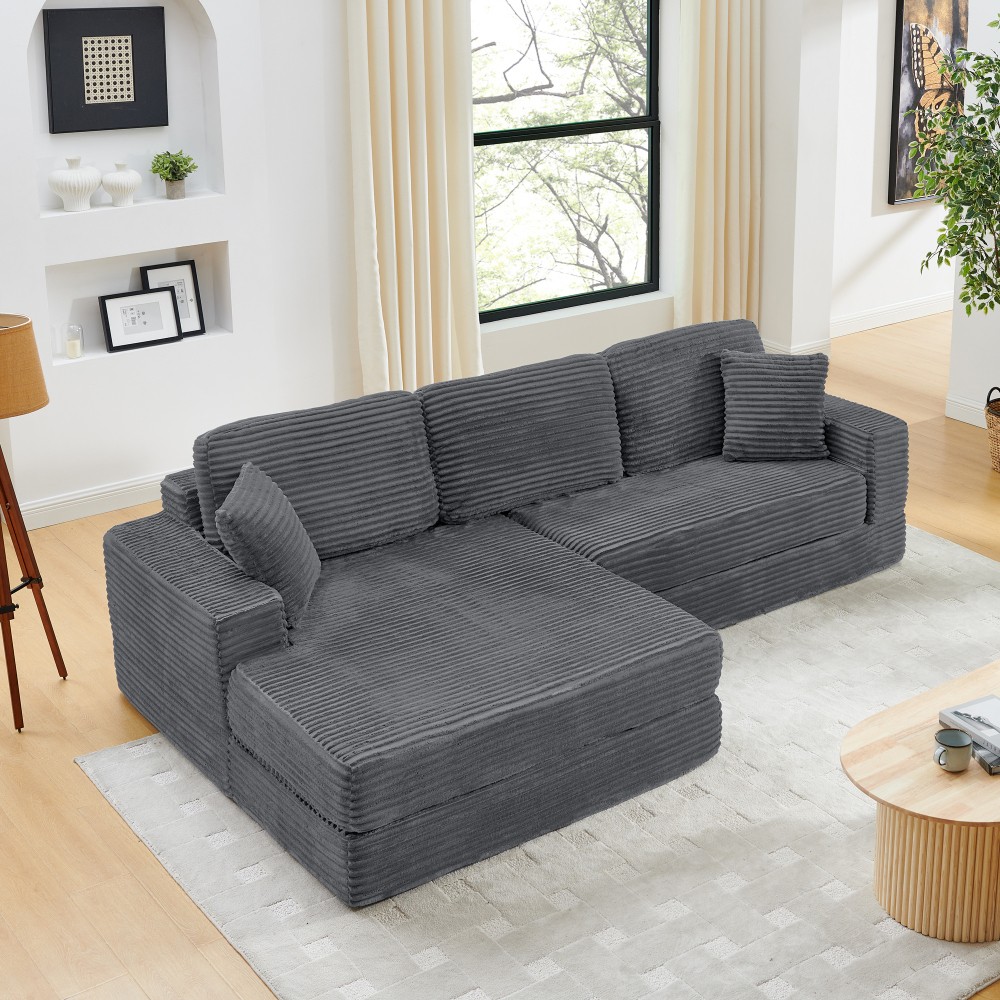 L-Shaped Gray Corduroy Sectional Sofa Converts to Queen Bed