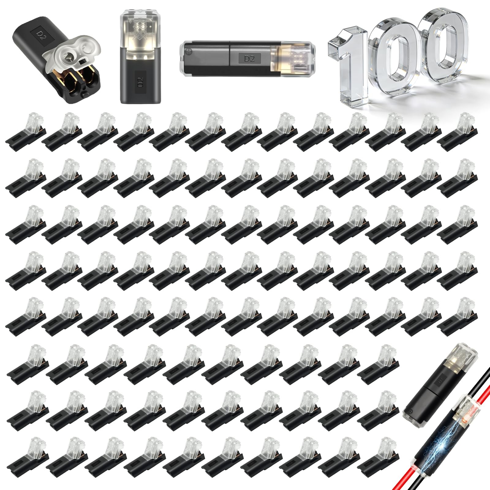 100 Pack 2 Pin Led Strip Lights Quick Wire Connectors(18AWG-22AWG-Black)