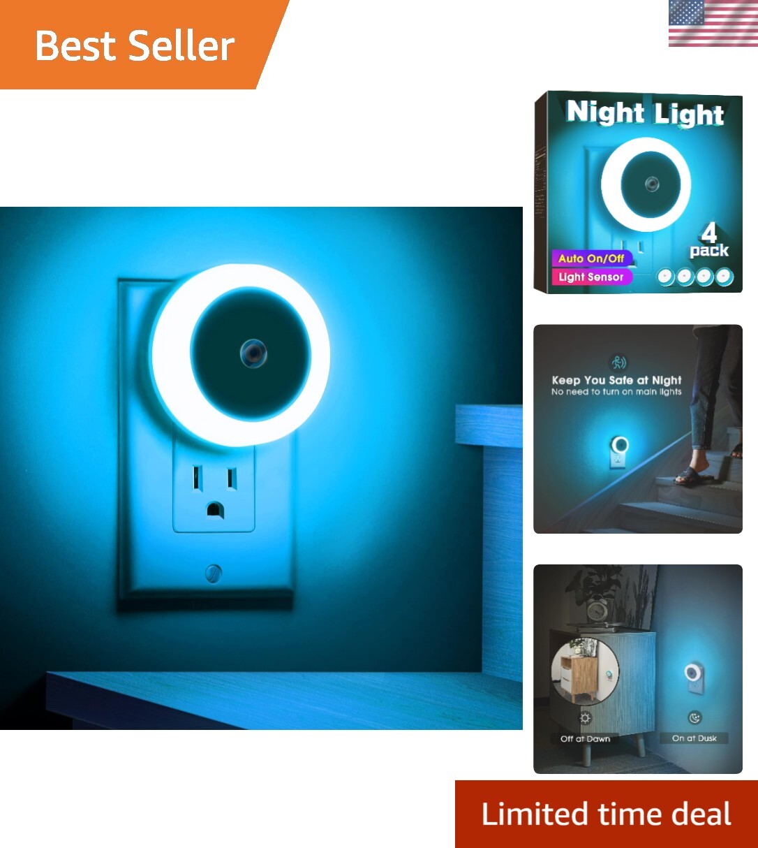 Set of 4 Azure Blue LED Night Lights with Light Sensors for Kids Rooms