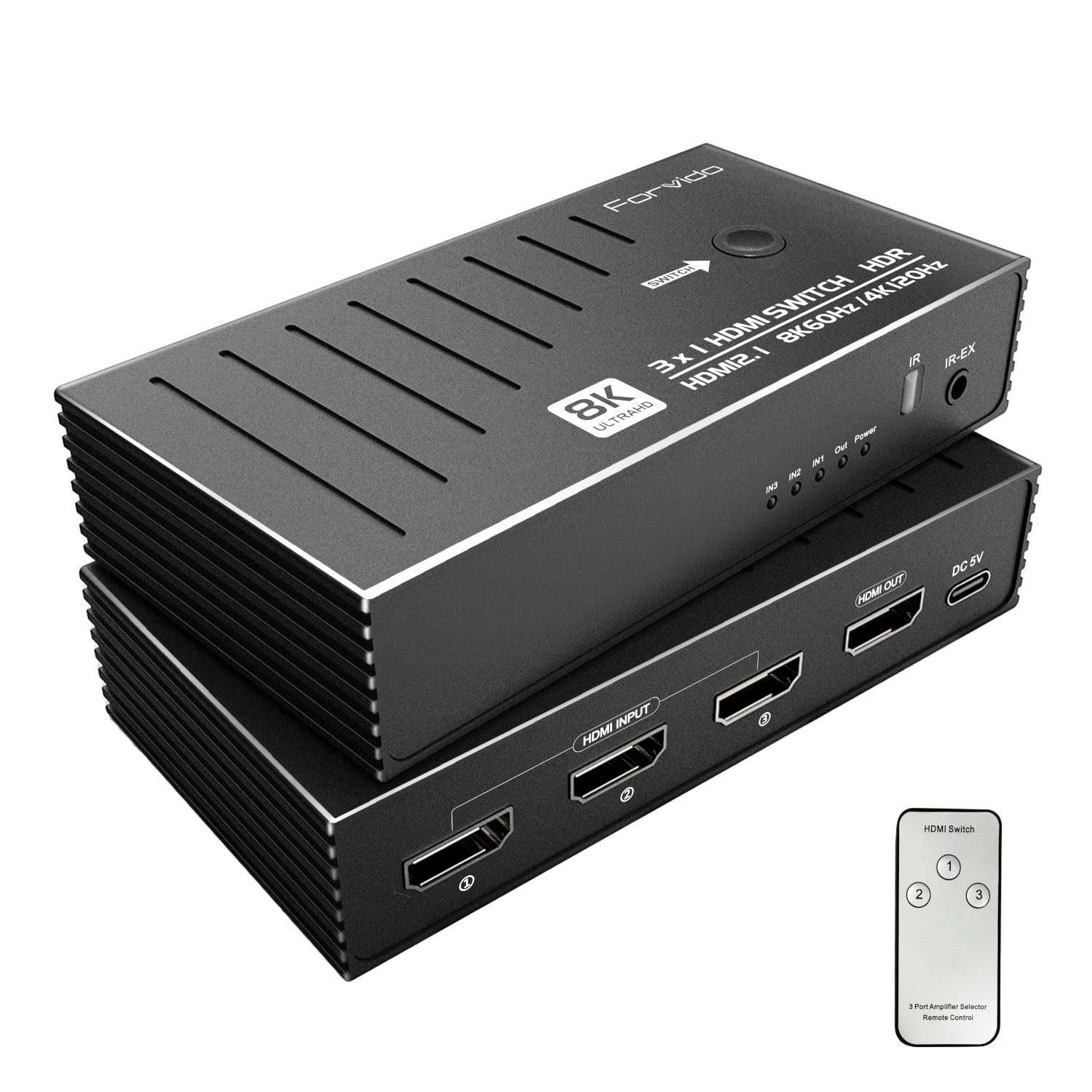 8K HDMI 2.1 Switch 3 in 1 Out & HDMI Splitter 3 in 1 Out with Remote Bidirect...