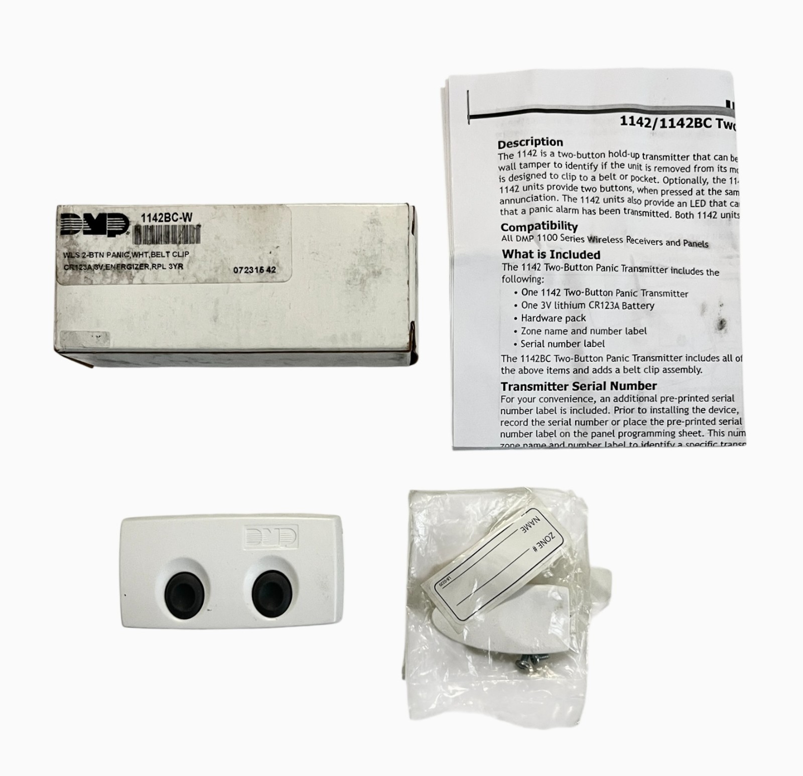 DMP 1142BC-W Wireless 2-Button Transmitter Remote with Belt Clip White