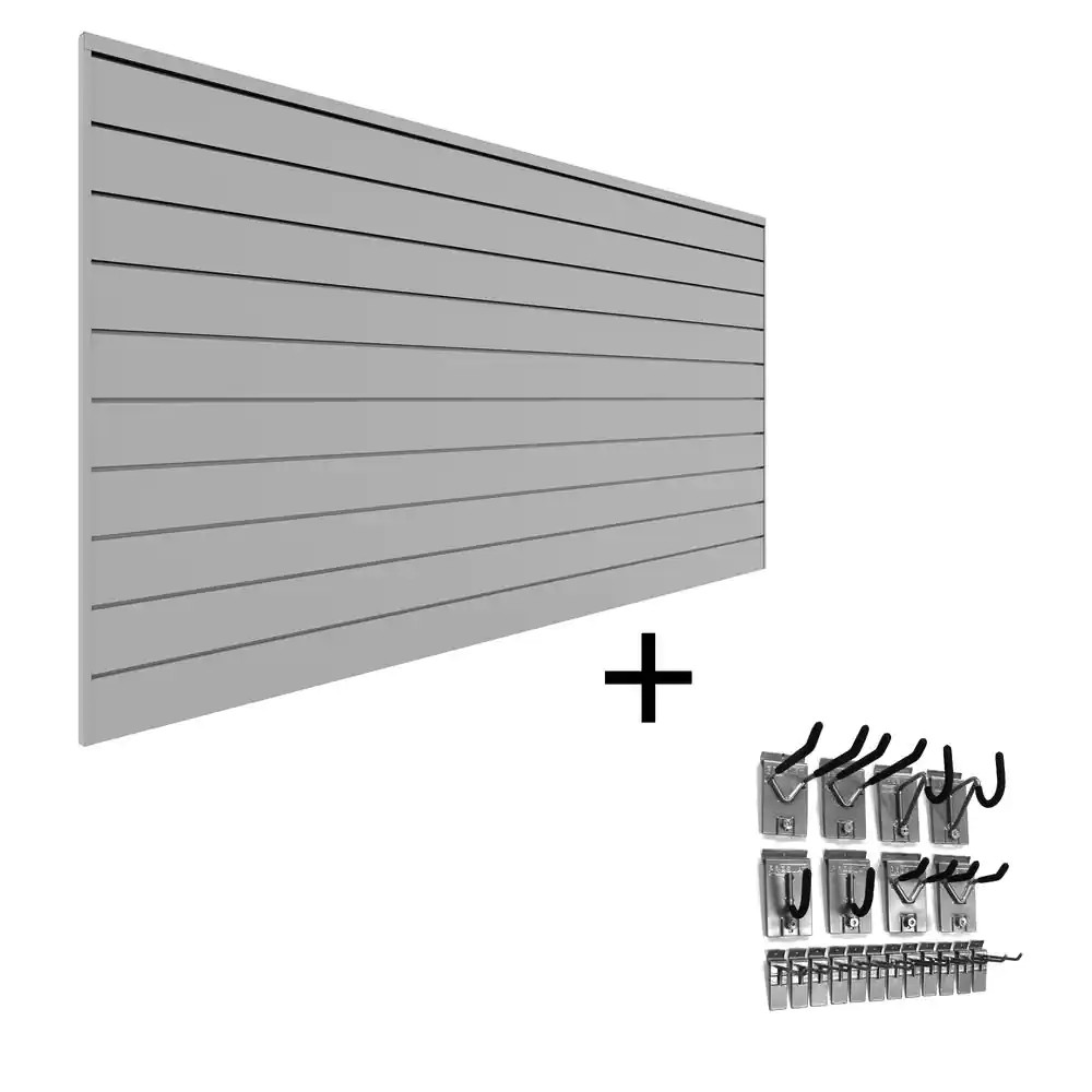 PVC Slatwall 8 Ft. X 4 Ft. Light Gray Hook Kit Bundle (20-Piece)