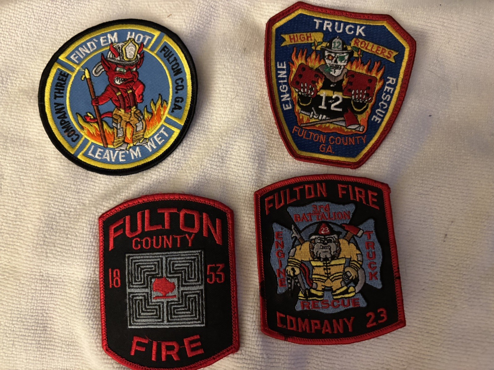 Fulton CTY GA Fire Dept Find Em Hot Leave Em Wet; Truck 12 High Rollers Patches