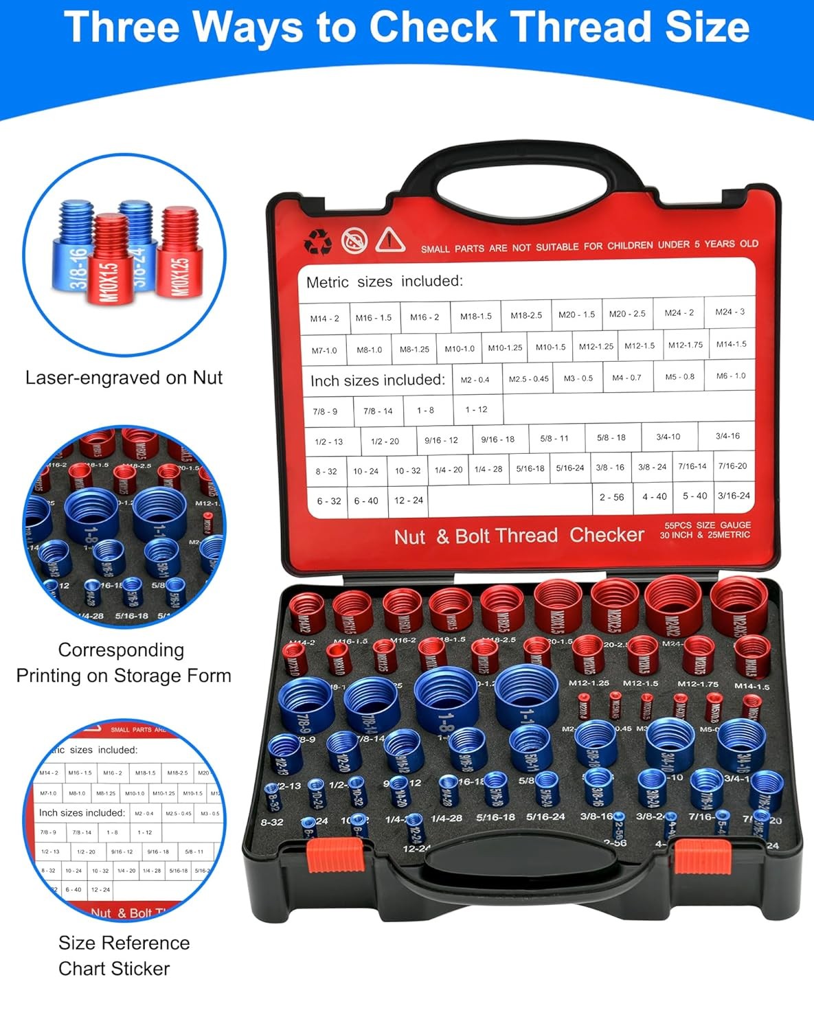 55Pcs Nut and Bolt Thread Checker 25 Metric + 30 SAE Inch Thread Gauge Set, Deta