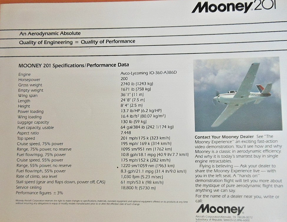 83 Factory Brochure Mooney 201 Specs Performance Comparison w/Beech Cessna Piper