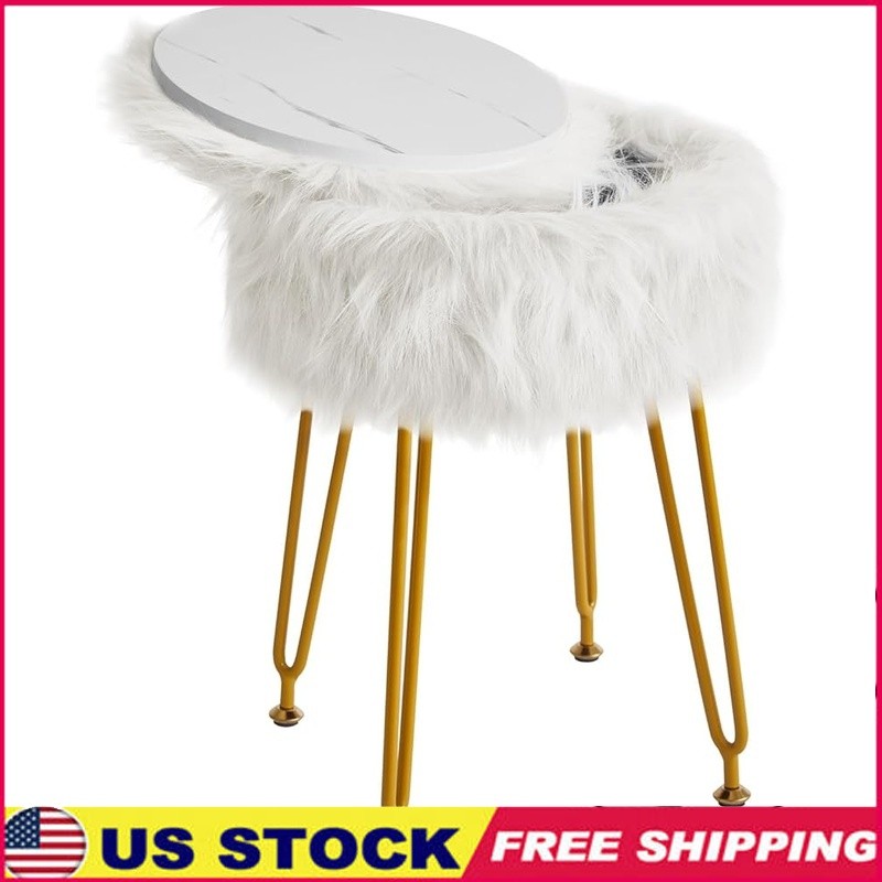 Faux Fur Round Vanity Stool W/ Storage Soft Padded Seat Metal Legs Footrest New