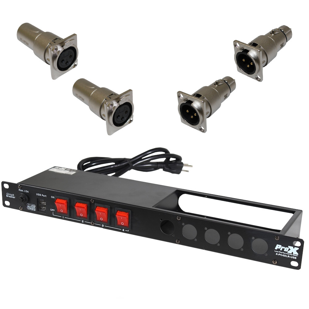 ProX 1U 15Amp 4 Channel Circuit Breaker Switch Panel w XLRM and XLRF inserts