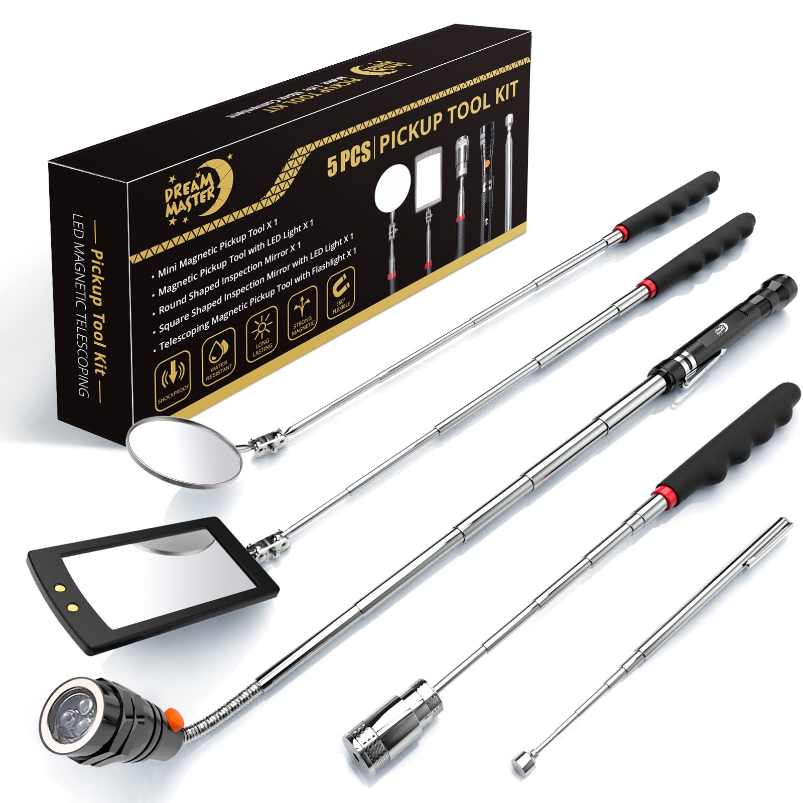 Magnetic Pickup Tool Set with 15lb & 1lb Pick Up Rod, Round & Square Black