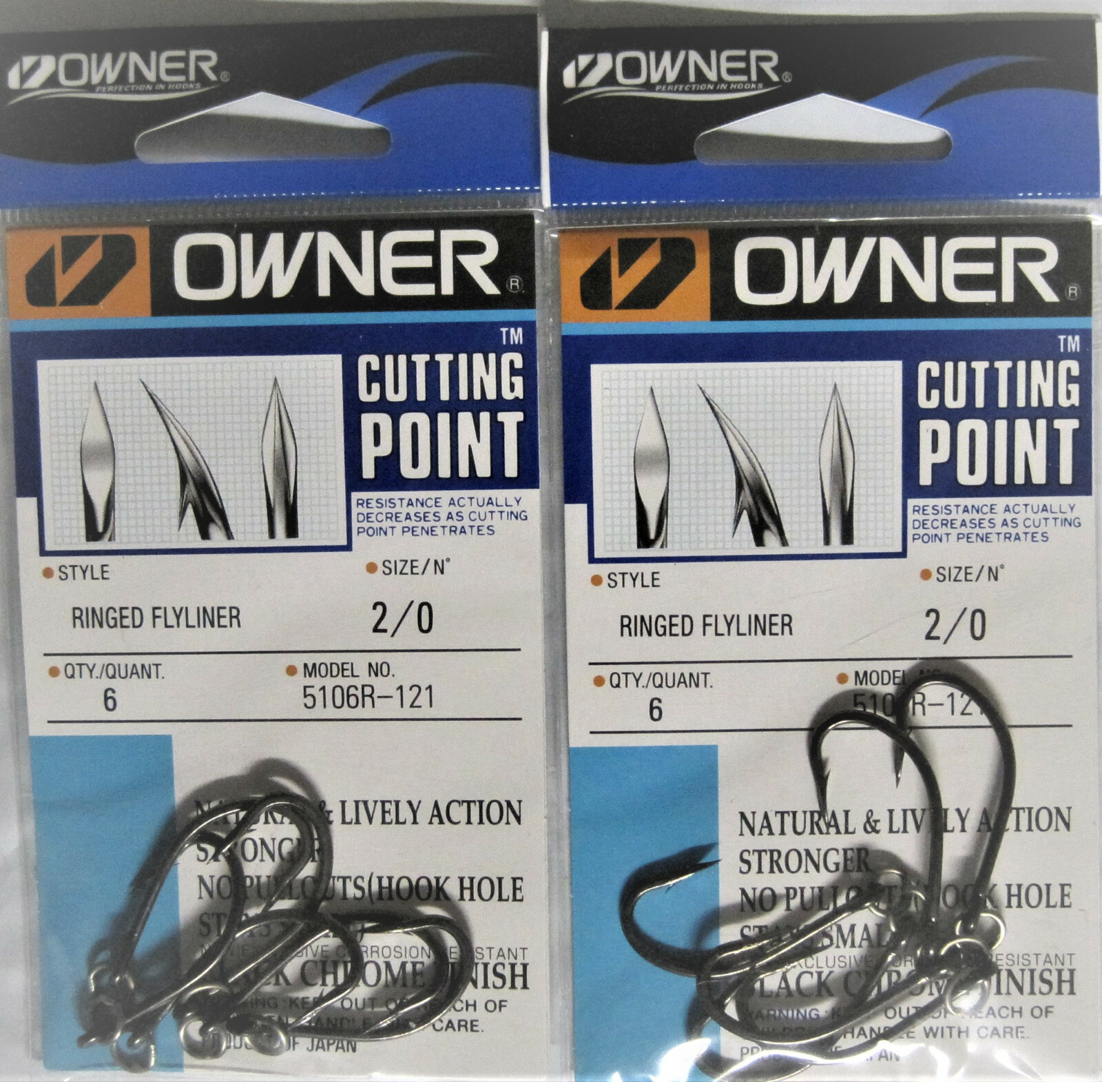 Four (4) packs of Owner Ringed Flyliner Fish Hooks Size 2/0 - Item 5106R-121