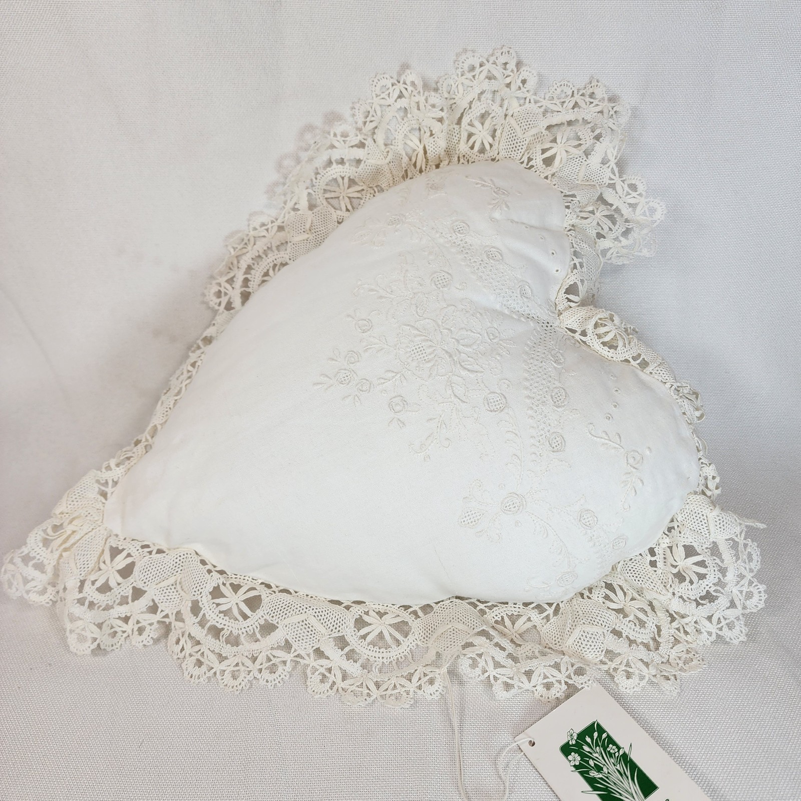Vintage "Paper White" Pillow Hand Embroidered Heart 13x10 Cottage Romantic NWT
