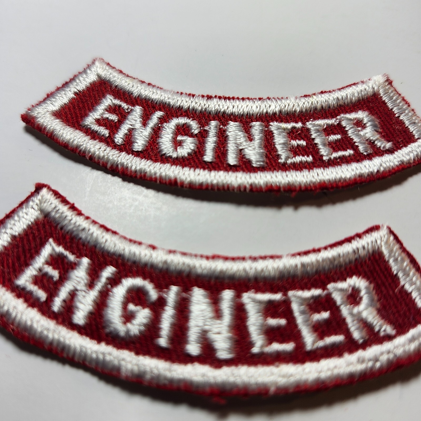 (2) ENGINEER Lower Rocker Patch - White on Red Twill NOS