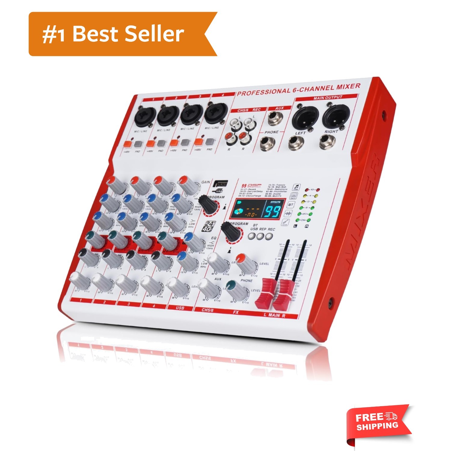 6 Channel Professional DJ Audio Mixer, Portable Controller Mixer with DSP 99 ...
