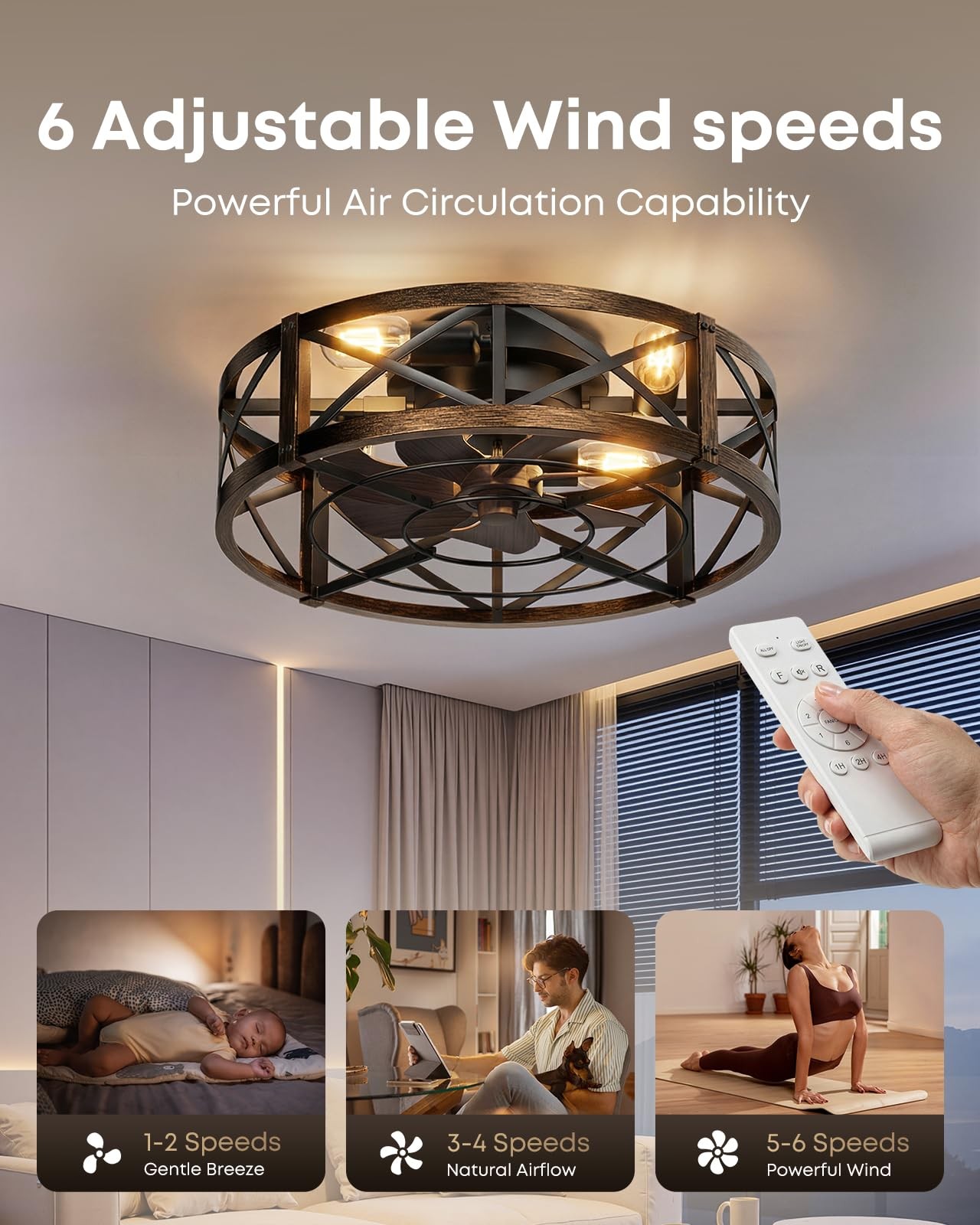 Caged Ceiling Fan with Light and Remote, 20" Low Profile Flush Mount Ceiling ...