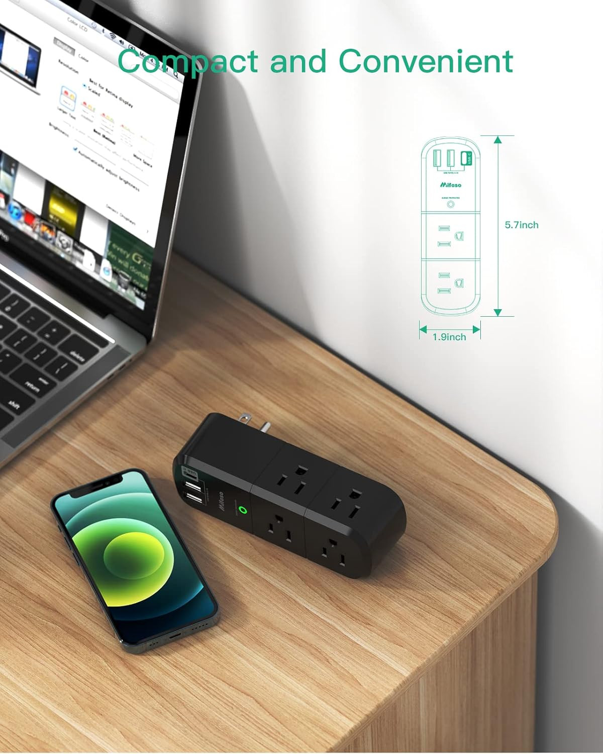 USB Outlet Extender Surge Protector - with Rotating Plug, 1800 Joules, 6 AC Mult