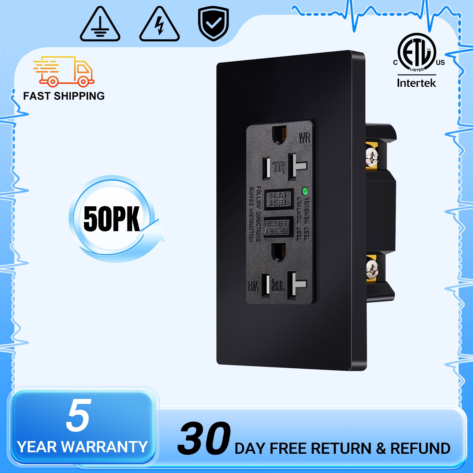 50PK 20A Black GFCI Outlet Easy Install WR TR & ETL Rated LED Status Light Home