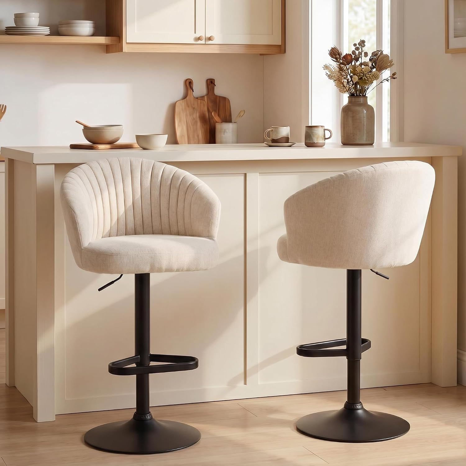 Adjustable Bar Stools Set of 2 Modern Counter Height Barstools Beige | Linen Fab