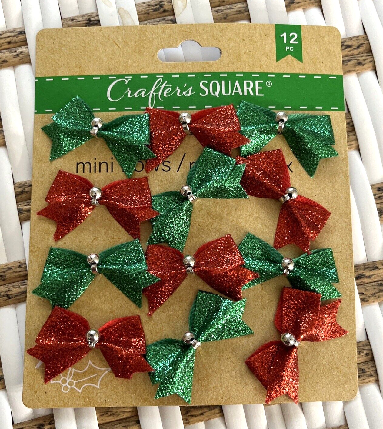 Christmas Red Green Glitter Mini Bows Crafter's Square Tie-ons 12 Pieces