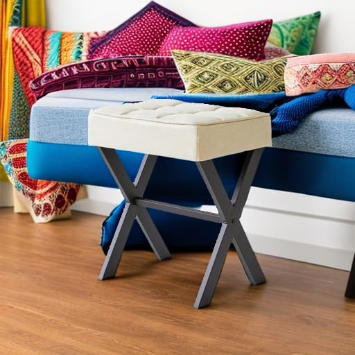 Square Makeup Stool with X-Leg Foot Rest Footrest, Ottoman 17.72"-Linen Linen