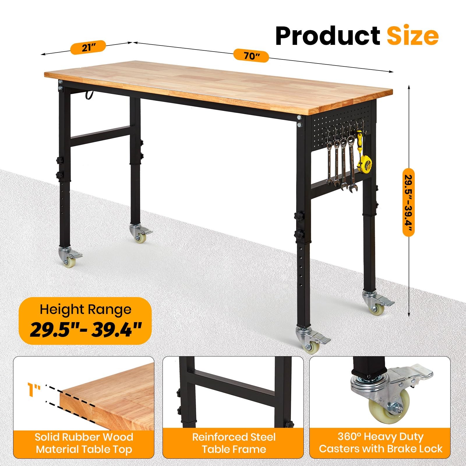 70" Adjustable Workbench Garage Work Table w/ Power Outlet, Wheels & Pegboard
