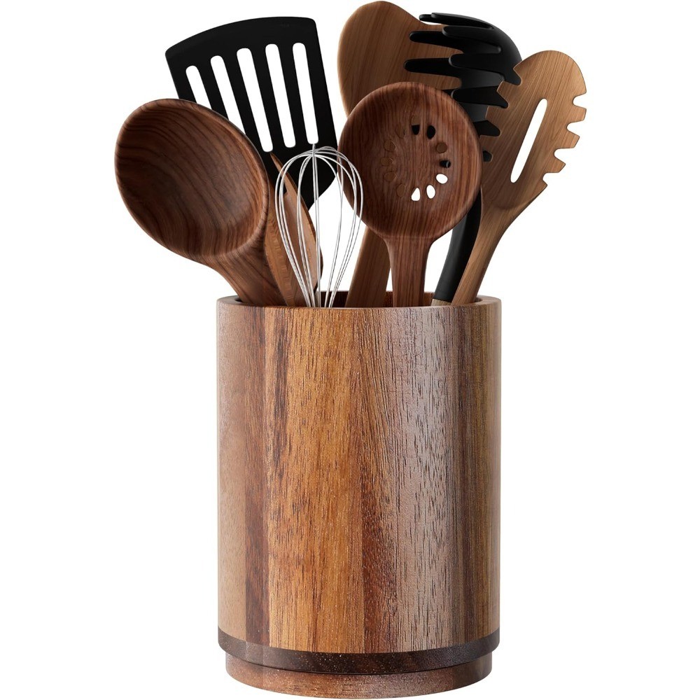 Utensil Holder, Acacia Wood Kitchen Utensil Holder for Countertop, 360°Rotating