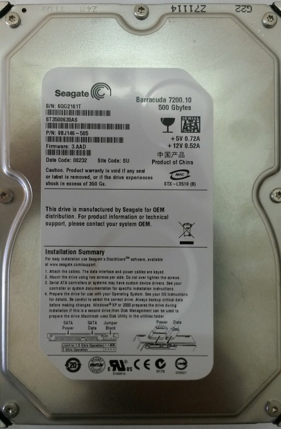 SEAGATE ST3500630AS P/N:9BJ146-505 F/W:3.AAD Site:SU Desktop Drive 500GB SATA