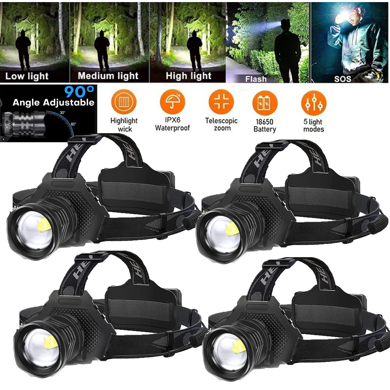 1-4Pack 100000 Lumen Super Bright Head Lamp Rechargeable LED Headlamp Flashlight