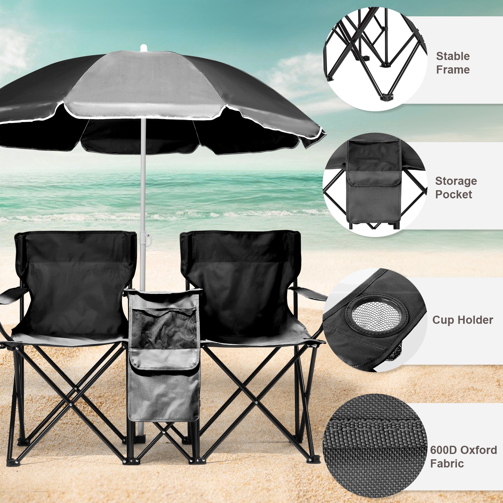 Folding Beach Chair Portable Umbrella Set, Patio Outdoor Furniture Chairs Bench