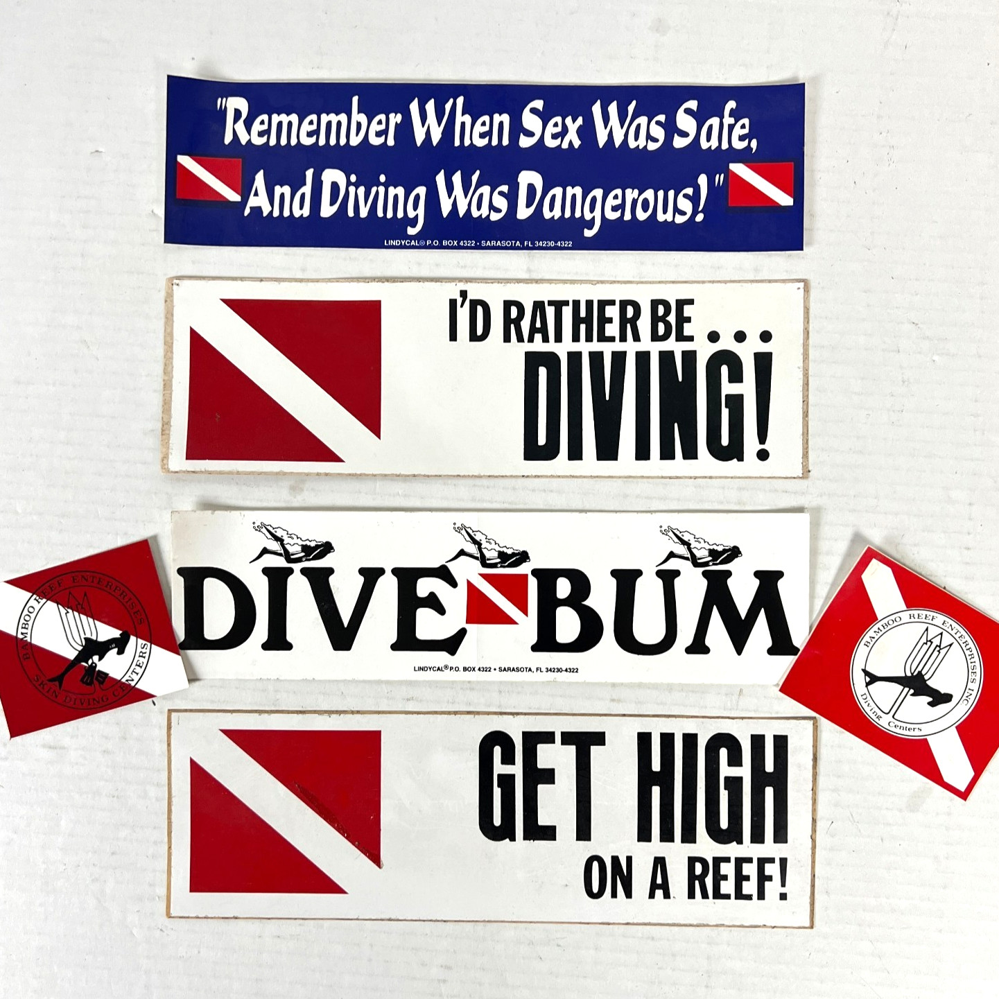 Scuba Diver 6 Vintage Bumper Sticker Lot Rather Dive Bum Get High Reef Sex Safe