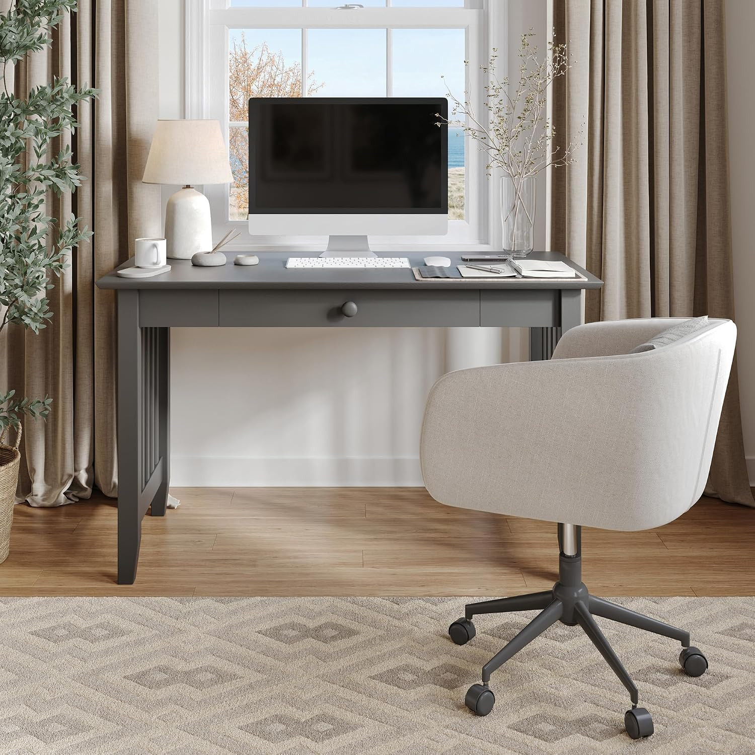 , Mission Solid Wood Writing Desk with Drawer, Grey