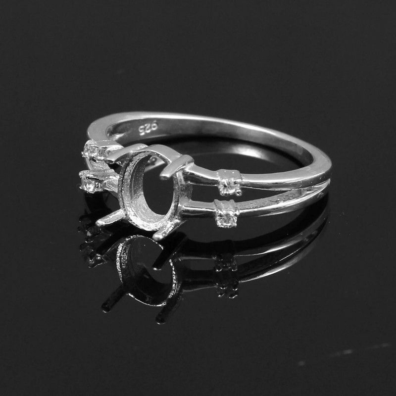 8x6mm Oval Semi Mount Ring 925 Sterling Silver CZ Accented Split Shank