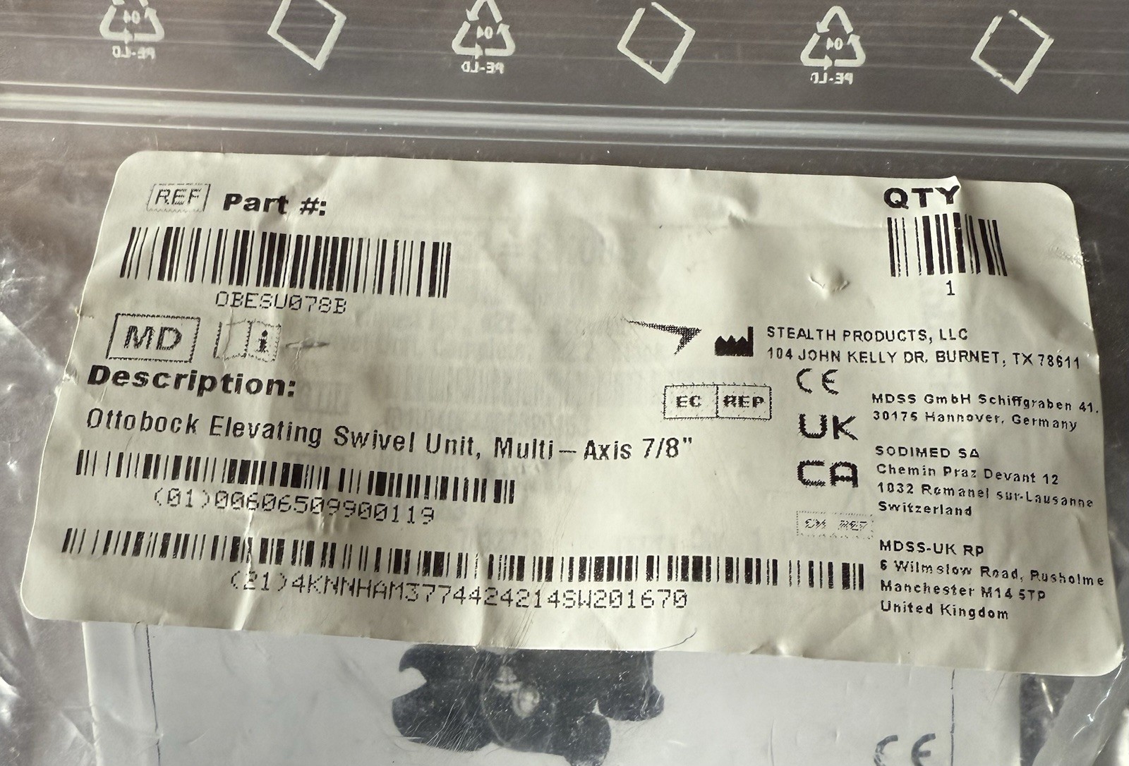 Ottobock Elevating Swivel Unit Multi-Axis 7/8” Wheelchair Arm Trough Mount NEW
