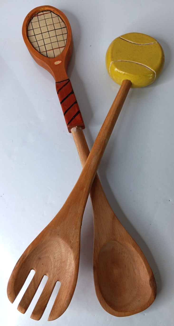 Hand Painted Wood Racquet & Tennis Ball  Salad Utensil Fork & Spoon Serving Set