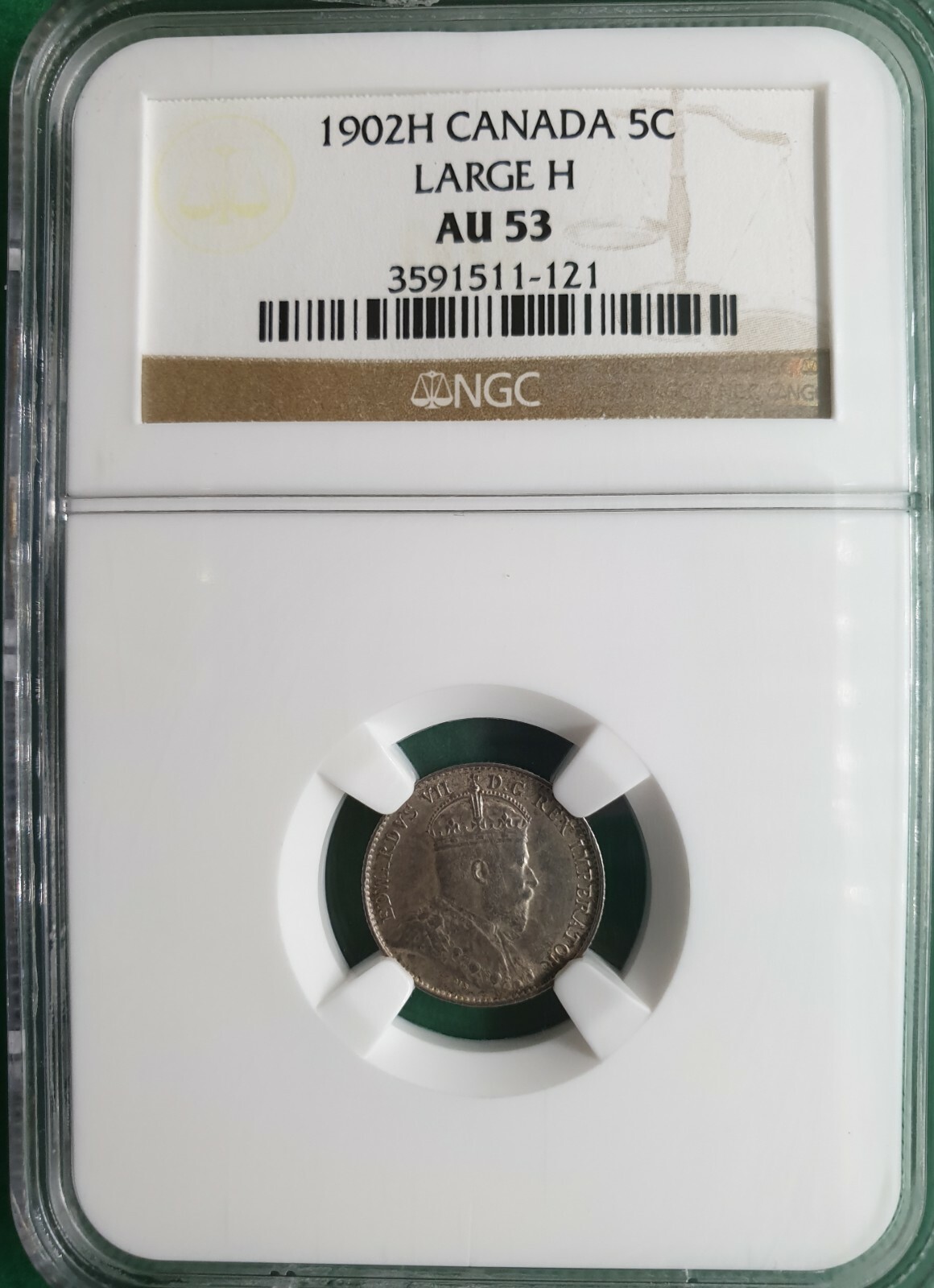 1902H CANADA 5 CENTS LARGE "H" SILVER NGC AU 53