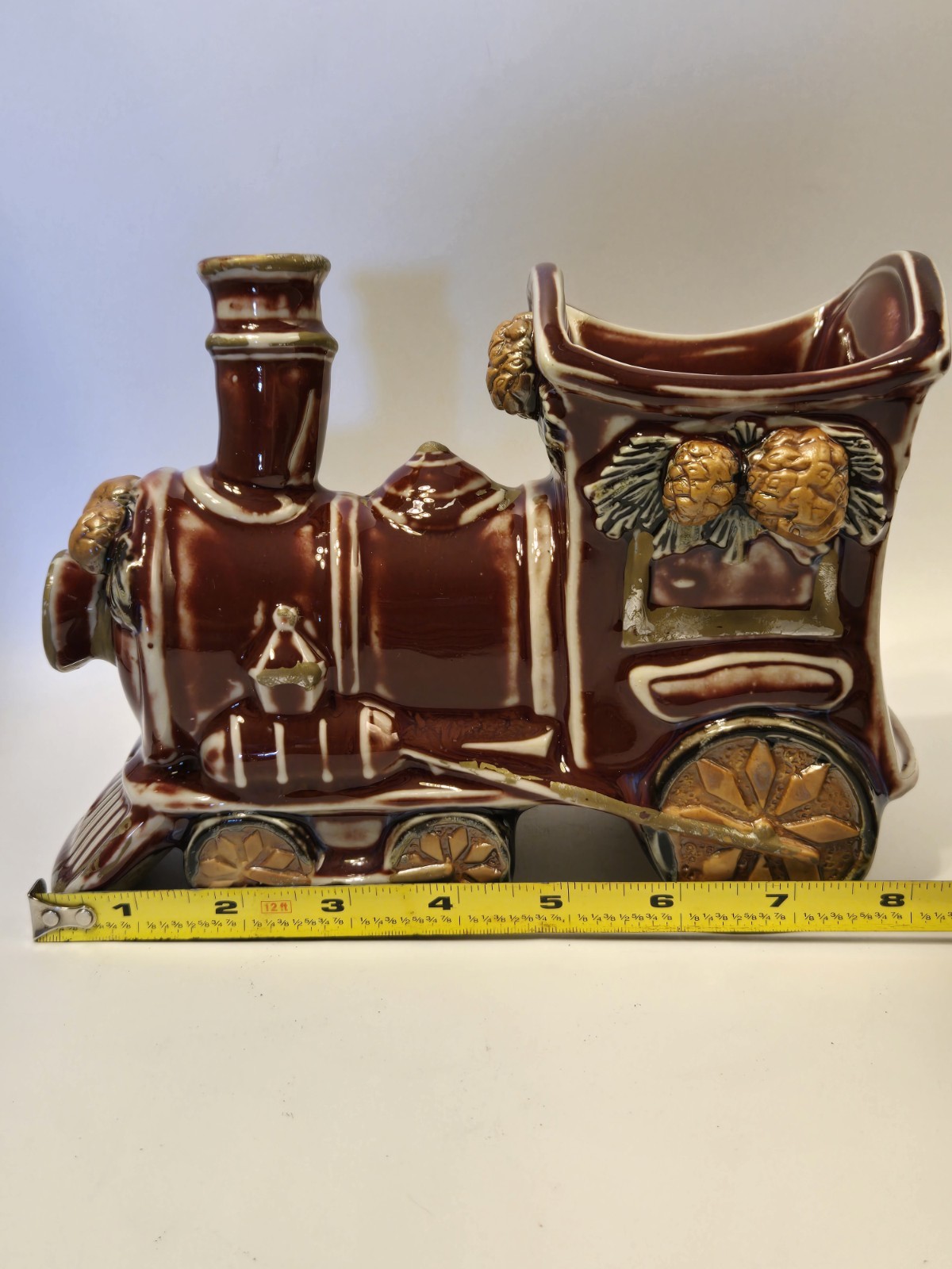 VNT 1957 Burgandy Steam Locomotive Holiday Ceramic Hand Painted Planter