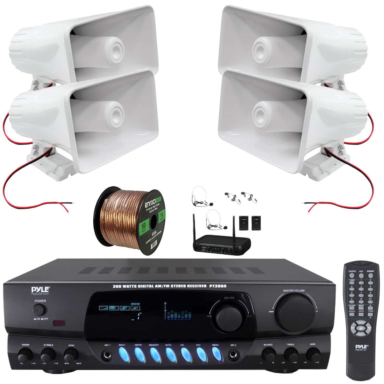 Pyle PT260A Digital Stereo Receiver, 4x 8'' 65W PA Horn Speakers, Mic System