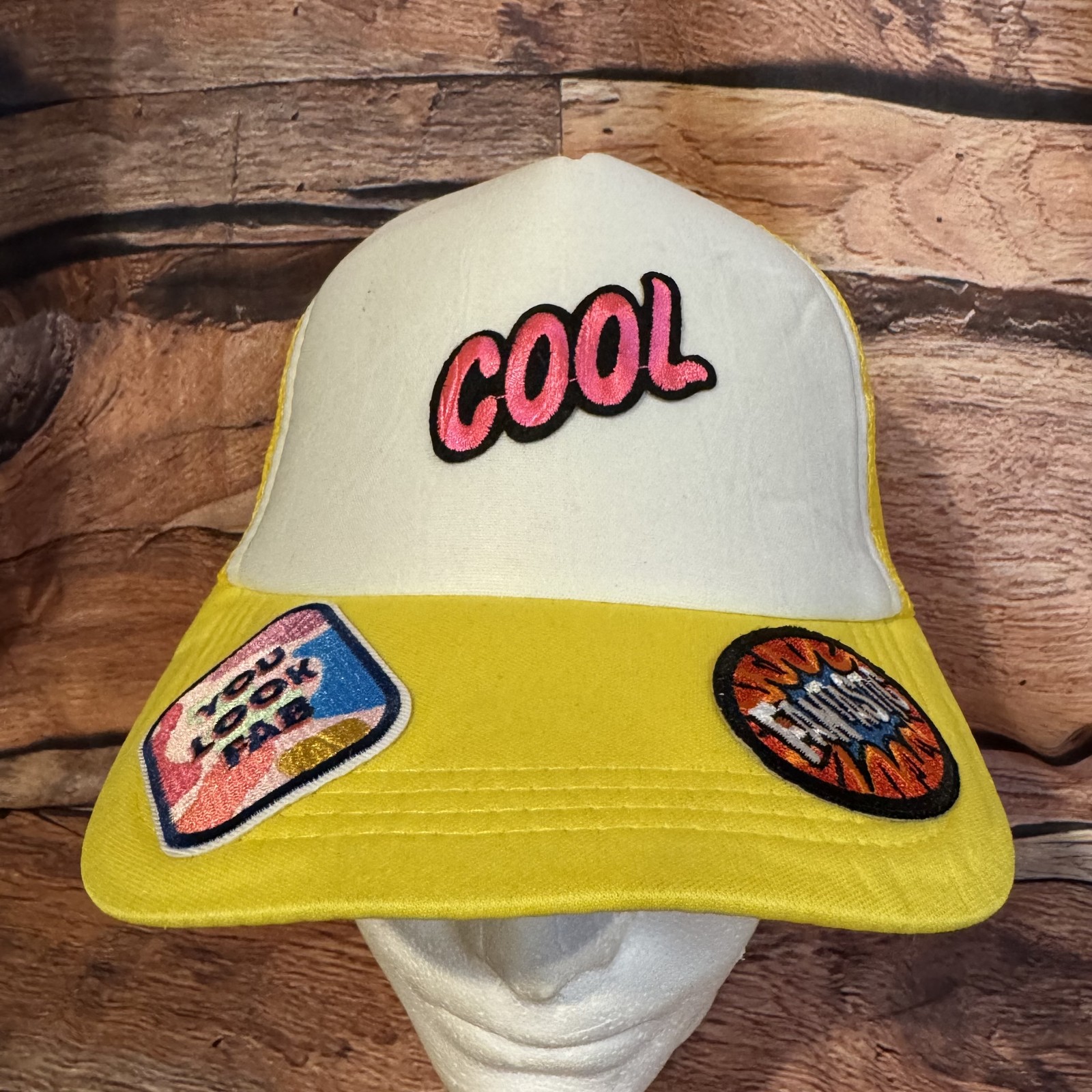 Yellow & White Foam Mesh Trucker Hat Cool Fantastic You Look Fab Patches Retro