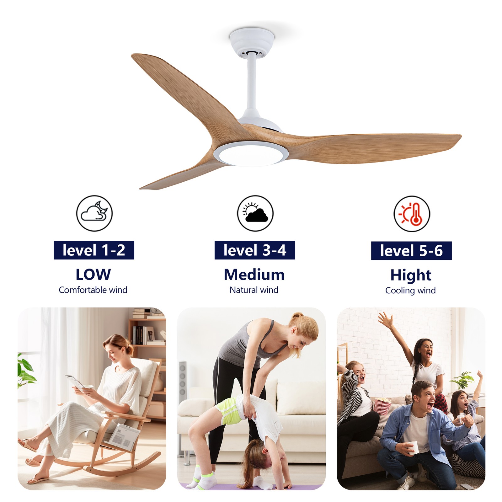 52 Inch ABS Blades Ceiling Fan With Light Kit ( LED Light Source),DC 6 Speed