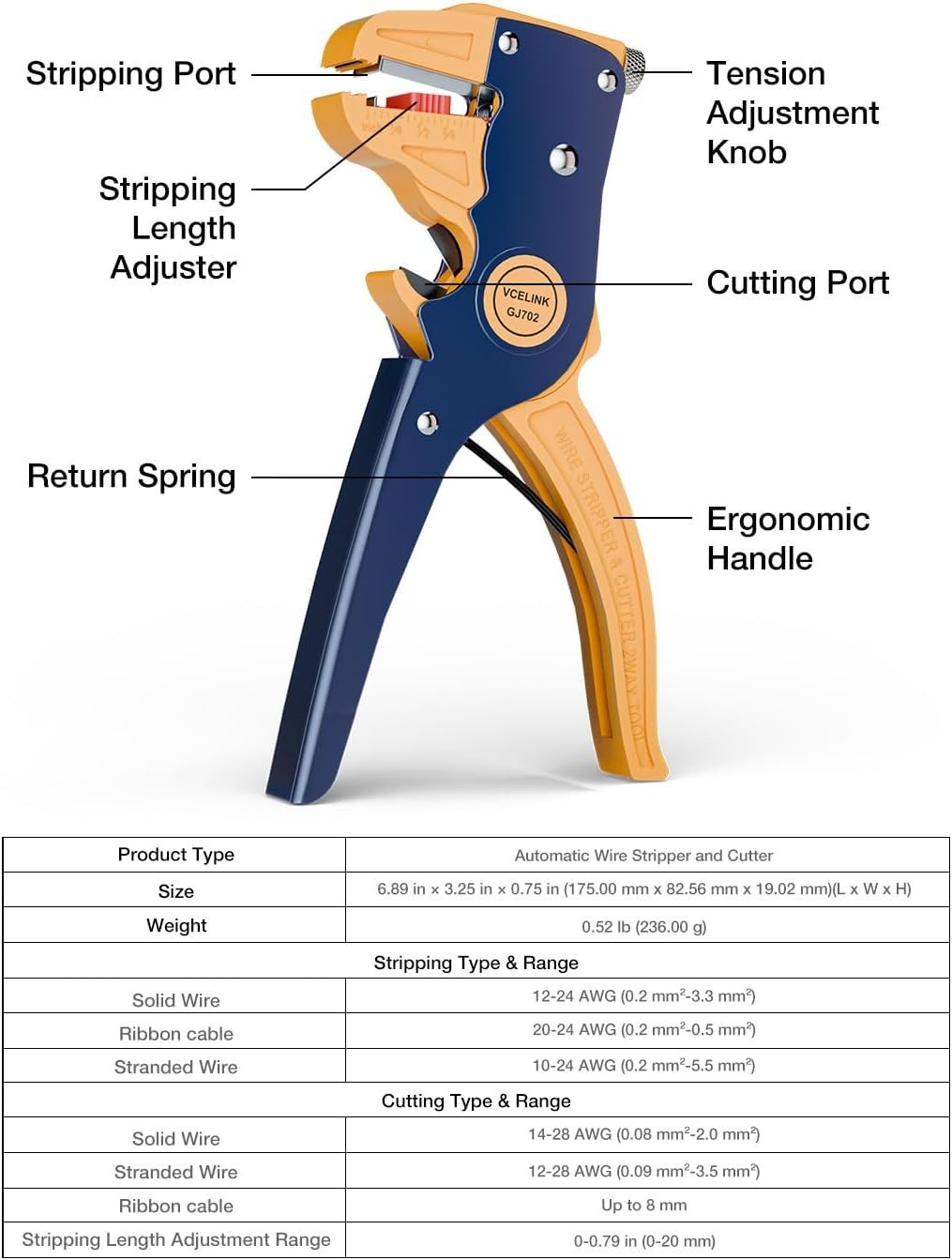Professional 7-Inch Wire Stripper & Cutter: Compact Self-Adjusting Tool in Blue