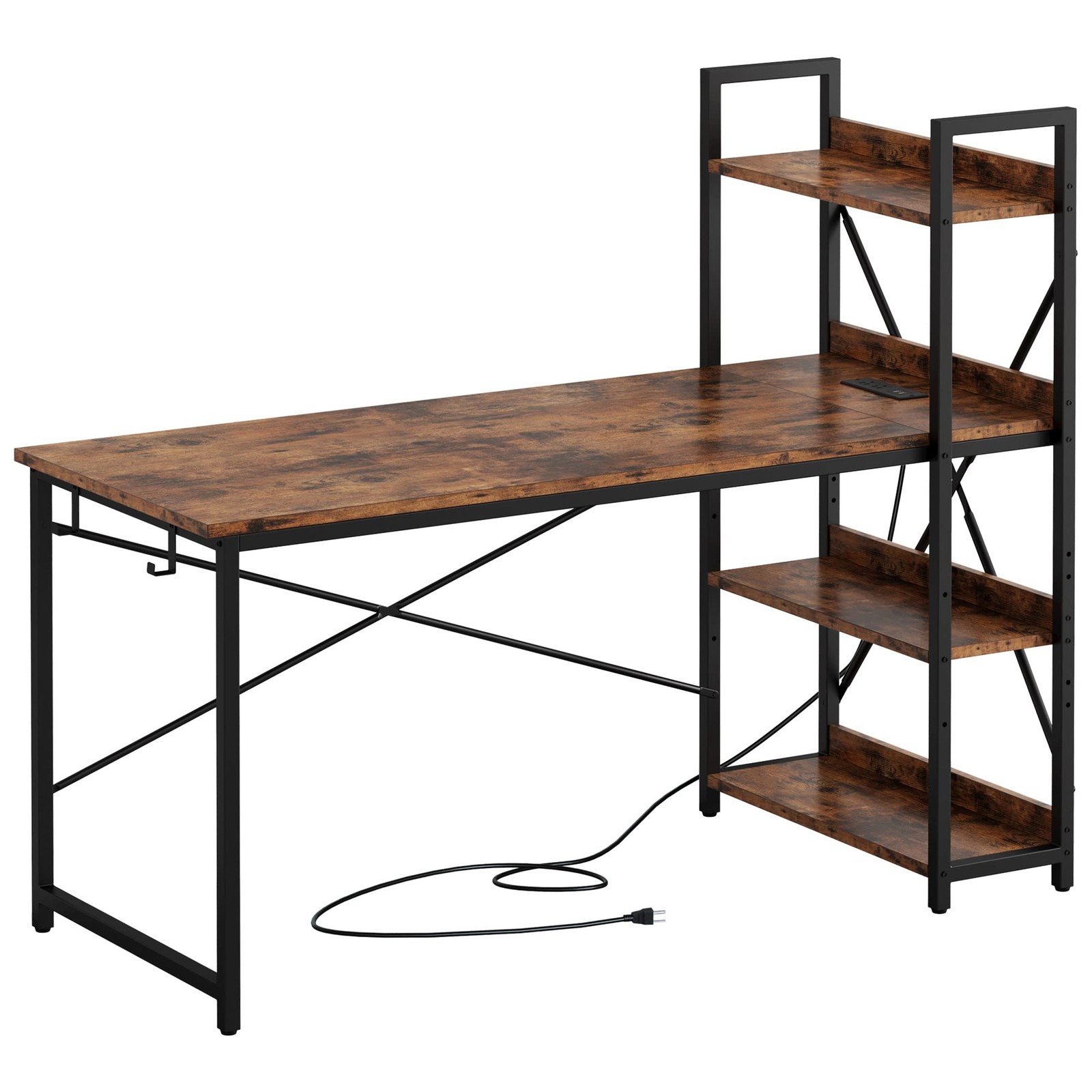 Computer Desk 55" with Power Outlet and Storage Shelves,Rustic Brown