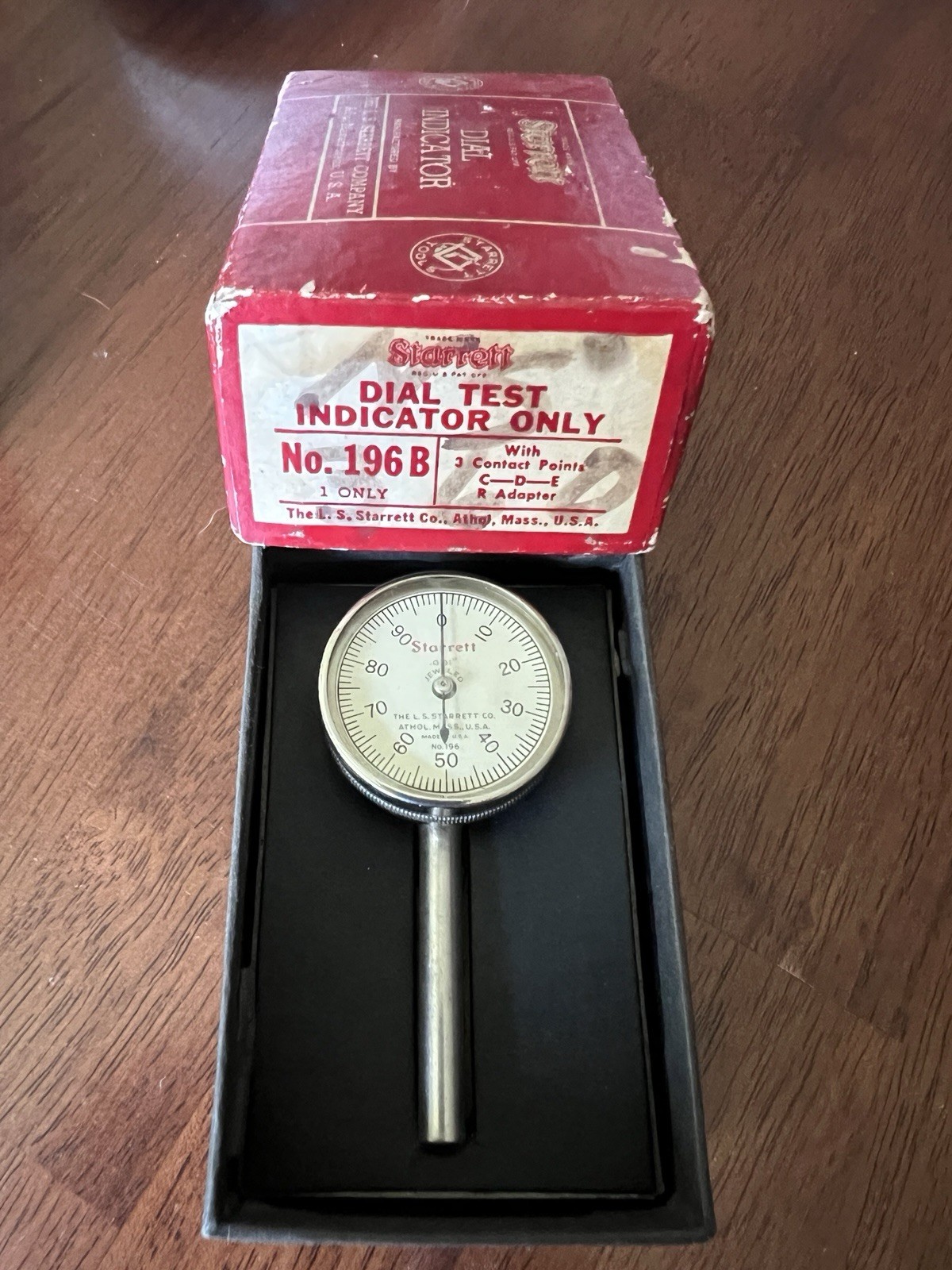 Vintage Starrett Dial Test Indicator No. 196B w/ C,D,E Contact Points, R Adapter