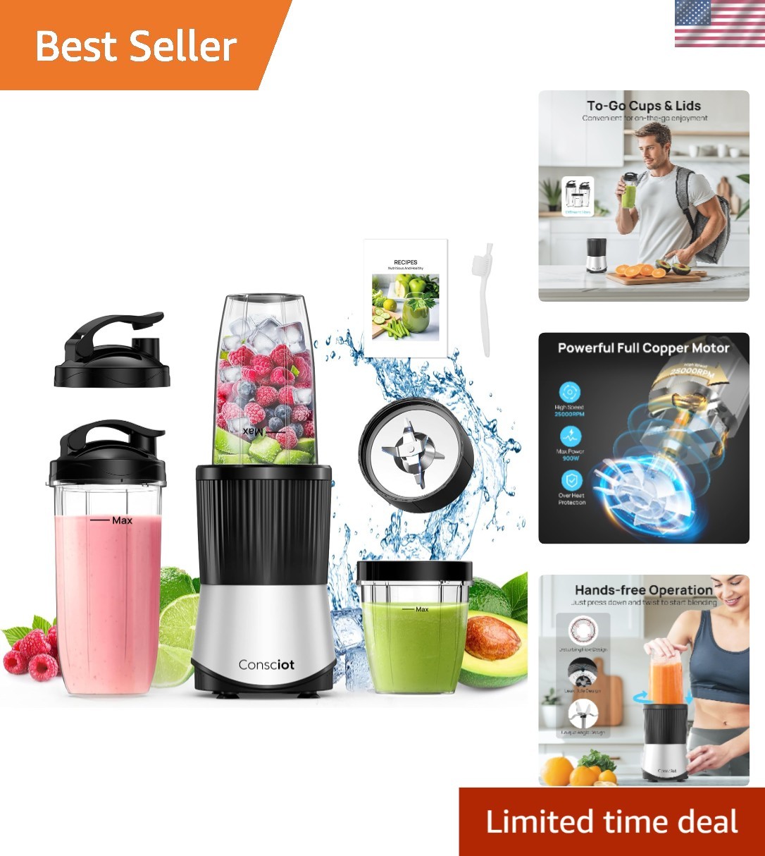 Luxury Kitchen Blender Set - 900W, Hands-Free & Dishwasher Safe Convenience