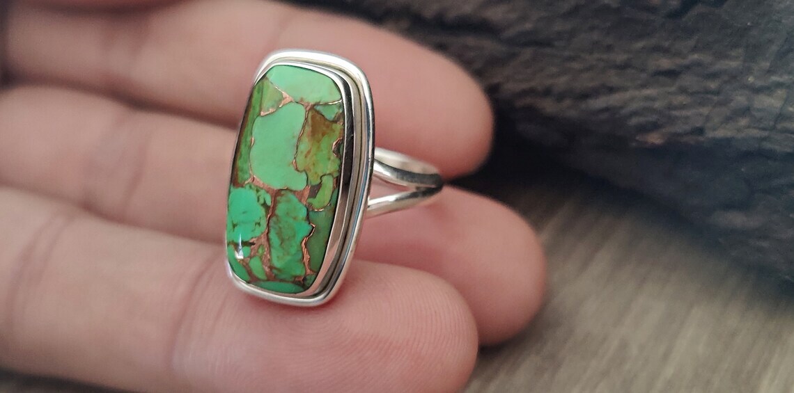 Good-Looking Copper Turquoise Gemstone 925 Sterling Silver Ring All Size