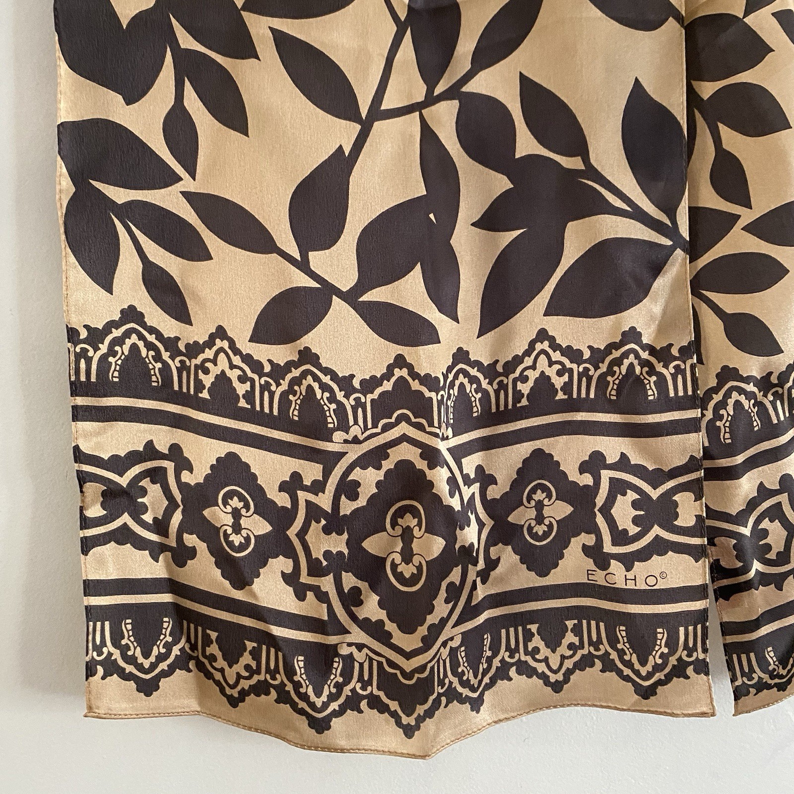 Echo Silk Scarf Gold Black Leaf Print Satin Feel Elegant Preppy